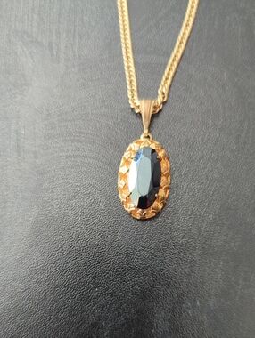 Vintage 1940s Hematite Pendant And Goldtone Chain.